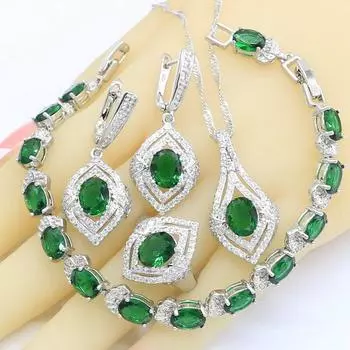 WPAITKYSGreen полудрагоценные серебряные комплекты ювелирных изделий для женщин браслет серьги ожерелье кулон кольцо 6 зелёный
