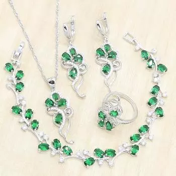 WPAITKYSNoble серебряный цвет комплекты ювелирных изделий женские серьги с зеленым цирконом кольцо ожерелье браслет Рождественский подарок 6 зелёный