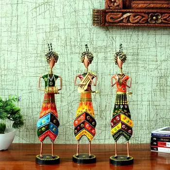 Wrought Iron Hand Painted Musician Showpieces Figurine Statue for Home Decor (Set of 3) (16 Inches)