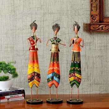 Wrought Iron Hand Painted Musician Showpieces Figurine Statue for Home Decor (Set of 3) (21 Inches)