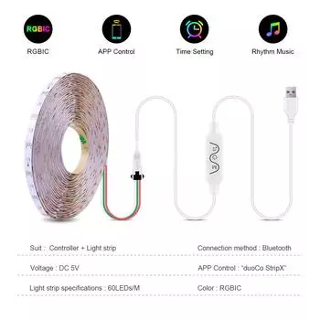 WS2812 5 мм ультра-узкая светодиодная лента WS2812B RGBIC 2020SMD 60 светодиодов/м индивидуально адресуемая IC световая лента DC5V Bluetooth Music APP 1m