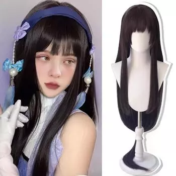 WTB черный длинный прямой синтетический парик игра Honor Of Kings- Xi Shi косплей мультяшный парик прямая челка длинный прямой парик 105cm