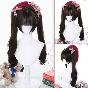 WTB Кудрявые волосы двойной хвост синтетический парик женский милый повседневный Лолита мультфильм прямая челка двойной хвост длинные вьющиеся волосы 45CM