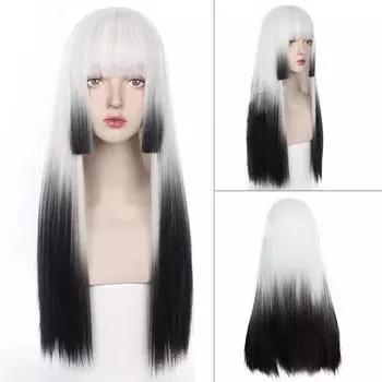 WTB Длинный прямой градиентный синтетический парик женский черно-белый градиентный Лолита длинные волосы набор градиентный косплей парик 65CM