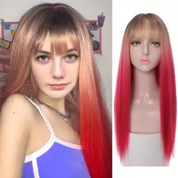 WTB градиентный длинный прямой синтетический парик женский сладкий модный Лолита окрашенная прямая челка длинный прямой парик для вечеринки в стиле косплей 65cm