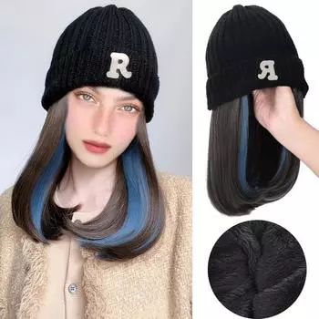 WTB Hat парик цельный синтетический парик женский осень и зима плюс шерстяная вязаная шапка мелирование синий короткий прямой парик волосы шапка 28CM
