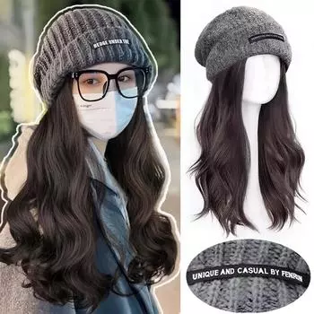 WTB Hat парик интегрированный синтетический парик женская мода осень и зима серая теплая шерстяная вязаная шапка длинный кудрявый парик шапка 40CM