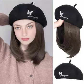 WTB парик для шляпы, интегрированный синтетический парик, женский, осенне-зимний, вышитый бабочкой, берет, ключичные волосы, прямые волосы, парик для шляпы 40CM
