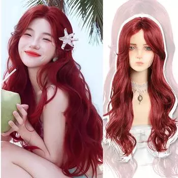 WTB Красный волнистый вьющийся длинный синтетический парик для женщин, элегантная таинственная челка с разделением, фестиваль, косплей, волна, длинные вьющиеся волосы 65CM
