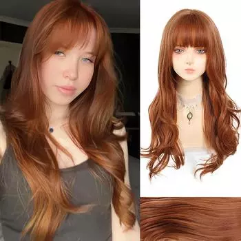 WTB Оранжево-коричневый длинный кудрявый синтетический парик женский ежедневный пушистый натуральный прямой парик с челкой Оранжево-коричневый длинный кудрявый парик 65CM