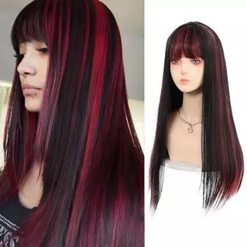 WTB Pick And Dye Длинный прямой синтетический парик женский красный и черный Pick And Dye Y2K Spice Girl Lolita Длинный прямой парик 58CM