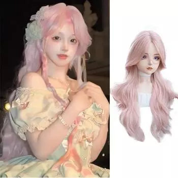 WTB розовый длинный вьющийся синтетический парик женский полный головной убор Лолита восемь челок большая волна девушка розовый натуральный парик волос покрытие 75cm