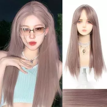 WTB Серо-фиолетовый длинный прямой синтетический парик Girl Bangs Natural Gentle Role-play Серо-фиолетовый длинный прямой парик 60cm