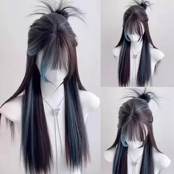 WTB Синие пряди Длинный прямой синтетический парик Женский Длинные волосы Коричневый Черный пряди Синий Пушистый Регулируемый Длинный прямой парик 65CM