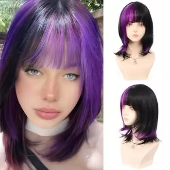 WTB синтетический парик черный и фиолетовый блики на ключицах синтетический парик женский сладкий крутой стиль блики на ключицах парик 40CM