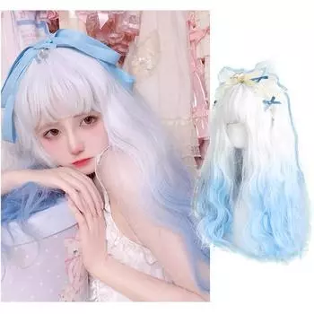 WTB синтетический парик длинные вьющиеся волосы Лолита Сказочный ветер белый и синий градиент шерстяной рулон милый длинный вьющийся парик 60CM