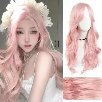 WTB Синтетический парик Лолита Длинные волны Милый элегантный светло-розовый с челкой Женский парик Повседневный Рождественский косплей-вечеринка Парик 75cm