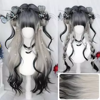 WTB Синтетический парик Лолита Женский Дьявольский Посланник Серо-черный градиент Длинные вьющиеся волосы с челкой Рождественский парик для косплея 70cm