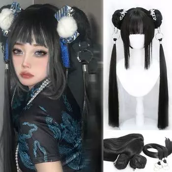 WTB синтетический парик женский длинный конский хвост черный цветной короткий прямой парик дворцовый стиль Лолита косплей рождественский вечерний парик 60CM