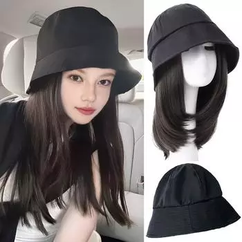 WTB синтетический парик женский парик-шляпа цельный повседневный черный рыболовный солнцезащитный парик прямой парик-шляпа парик для вечеринок 50CM