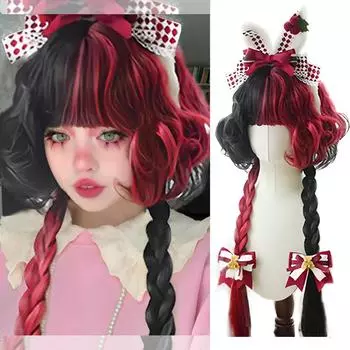 WTB синтетический женский парик черный красный цвет вьющиеся волосы голова медузы Лолита многослойная прямая челка длинные волосы парик для вечеринки 68cm