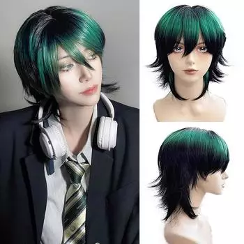 WTB синтетический парик черный и зеленый градиентный слой короткие волосы нейтральный стиль красивый повседневный волчий хвост слой короткие волосы парик 35CM