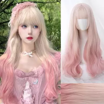 WTB Synthetic Wig Female Platinum Gradient Light Pink Wavy Wig With Straight Bangs Cosplay Christmas Party Cute Lolita Wig 60CM