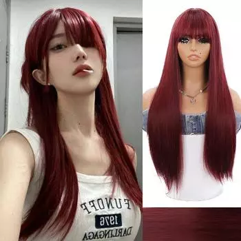 WTB темно-красный длинный прямой синтетический парик с челкой, женский, пушистый, натуральный, темно-красный, длинный прямой парик с челкой, в стиле Лолиты 73CM