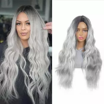 WTB Волнистые длинные волосы Синтетический парик Жен. Окрашивание с разделенной головой Длинный головной убор Серый Мелирование Градиент Большие волны Длинные вьющиеся волосы