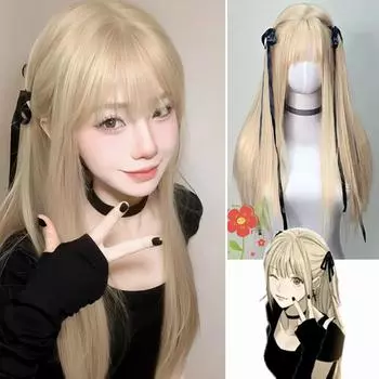 WTB Золотой Длинный Прямой Синтетический Парик Женский Misa Amane Cos Прямая Челка Пушистый Гладкий Длинный Прямой Парик Волос 65CM