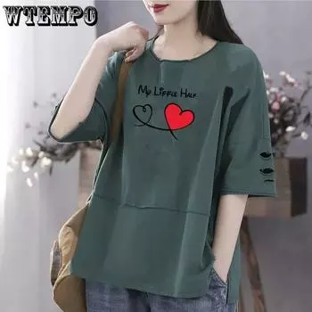 WTEMPO 100% хлопок летняя футболка больших размеров с короткими рукавами женский свободный универсальный свитер с короткими рукавами M белый