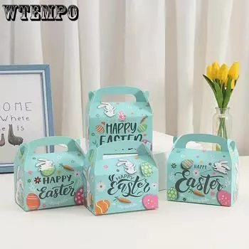 WTEMPO 12PCS 9*9*16CM Easter Gift Boxes Party Small Presents Kraft Paper Packaging Boxes Rabbit Easter Egg Printed Surprise Boxes with Handle 24pcs зелёный