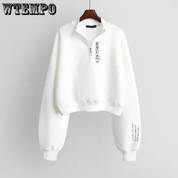 WTEMPO 1/3 молния свитер длинный рукав куртка женская свободная короткая верхняя одежда укороченный топ весенние и осенние толстовки S чёрный
