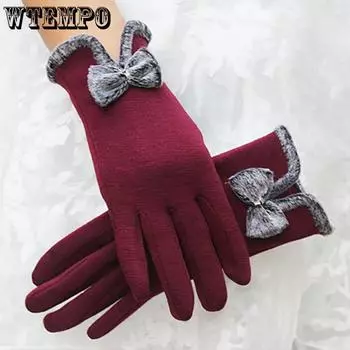 WTEMPO 1 пара элегантных плюшевых бархатных женских перчаток с сенсорным экраном, однотонные теплые удобные перчатки с бантом для взрослых, велосипедные перчатки с длинными пальцами на открытом воздухе 1 pair красный