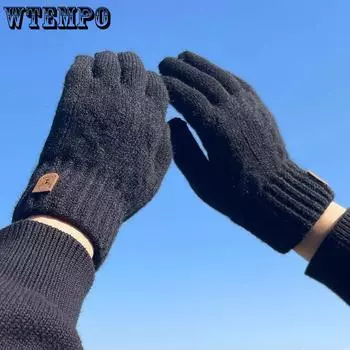 WTEMPO 1 пара холодостойких ветронепроницаемых однотонных теплых трикотажных перчаток с закрытыми пальцами для осени и зимы на открытом воздухе для езды на велосипеде с сенсорным экраном шерстяные перчатки 1 pair чёрный