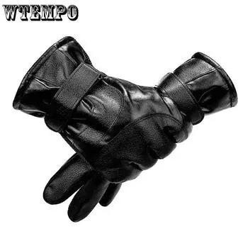 WTEMPO 1 пара из искусственной кожи, уличные велосипедные морозостойкие перчатки с полным пальцем, теплые плюшевые водонепроницаемые перчатки из искусственной кожи с сенсорным экраном 1 pair чёрный