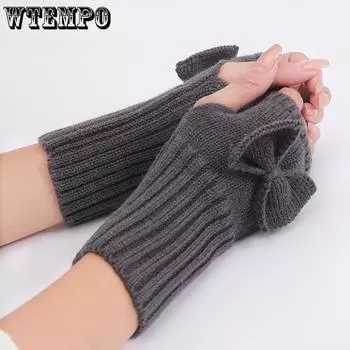 WTEMPO 1 пара коротких перчаток без пальцев с бантом, осенне-зимние, симпатичные, теплые, трикотажные перчатки с половиной пальцев для защиты запястья 1 pair чёрный