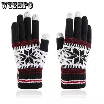 WTEMPO 1 пара осенне-зимних перчаток для сенсорного экрана, мужские модные флисовые снежинки, толстые вязаные теплые перчатки с длинными пальцами 1 pair чёрный