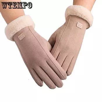 WTEMPO 1 пара осенне-зимних плюшевых теплых перчаток с закрытыми пальцами, толстые, морозостойкие, ветрозащитные перчатки с манжетами из искусственного меха, перчатки для сенсорных экранов 1 pair чёрный