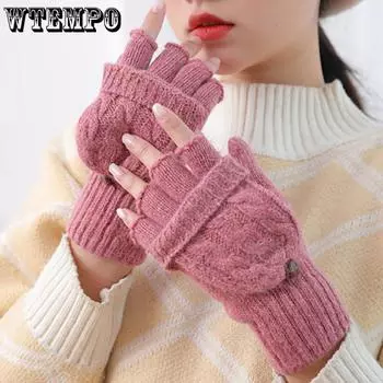 WTEMPO 1 пара осенне-зимних ветронепроницаемых трикотажных перчаток-флип, простые однотонные теплые перчатки для сенсорного экрана с полупальцами 1 pair чёрный