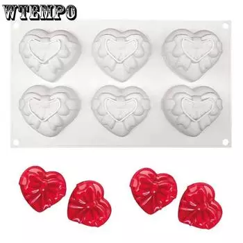 WTEMPO 1 шт., белый, 6 полостей, бант в форме сердца, форма для мусса, торта, шоколадная помадка, инструменты для выпечки десертов, креативная силиконовая форма для праздников Святого Валентина «сделай сам» 26.1*16.2cm белый