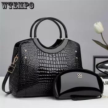 WTEMPO 1 шт. Большая сумка + 1 шт. Маленькая сумка в комплекте с крокодиловым узором, сумки большой вместимости, женские сумки через плечо, однотонные сумки через плечо в стиле ретро 13*23*28cm зелёный