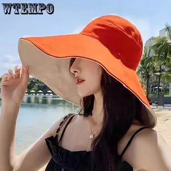 WTEMPO 1 шт. модная двусторонняя пляжная кепка с защитой от ультрафиолета для женщин с веревкой, морские пляжные дорожные модные шапки 55-59cm чёрный
