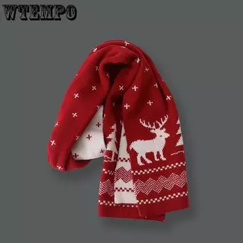 WTEMPO 1 шт. универсальные рождественские шарфы с рисунком оленя и дерева, унисекс, зимние двусторонние жаккардовые плетения, теплые шарфы, подарки на Рождество, Новый год 1PC чёрный