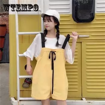 WTEMPO 1шт Боу Drawstring Летние девушки Jumpsuit женщина Длинные брюки Ромпер Циппер Карманы Без рукавов Скорректированные комбинезоны XL бежевый