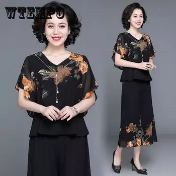 WTEMPO 2 шт. шифоновая рубашка и брюки, весенне-летний женский костюм больших размеров с короткими рукавами, свободный повседневный комплект из двух предметов XL оранжевый
