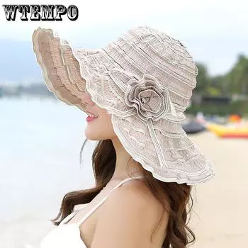 WTEMPO 2PCS Fashion Women Summer Hats Solid Color Bow Flower Packable Large Wide Brim Hats Anti-UV Adjustable Ladies Beach Sun Hats 2pcs хаки
