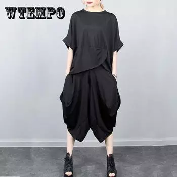 WTEMPO 2pcs костюм женщин Плюс Размер Весна и Лето Короткие рукава Loose Случайный Batwing Рукав Loose TopsTwo-кусок Набор XXXL чёрный