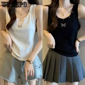 WTEMPO 2PCS женские весенне-летние большие размеры черные повседневные майки-майки осенние универсальные трикотажные майки без рукавов с круглым вырезом M