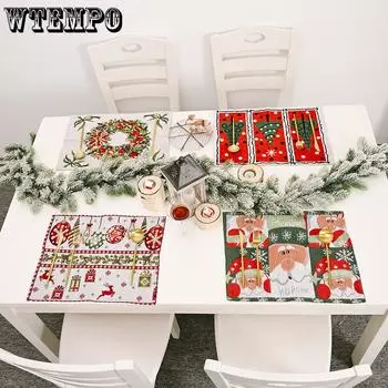 WTEMPO 4pcs/set New Christmas Home Decor Items Thanksgiving Knitted Fabric Placemat Table Mat Tablecloth Old Man Small Tree Printed Placemat 4pcs
